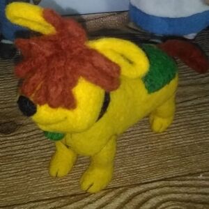 Plush Yellow Lion Dog Toy with Green Patch and Brown Mane